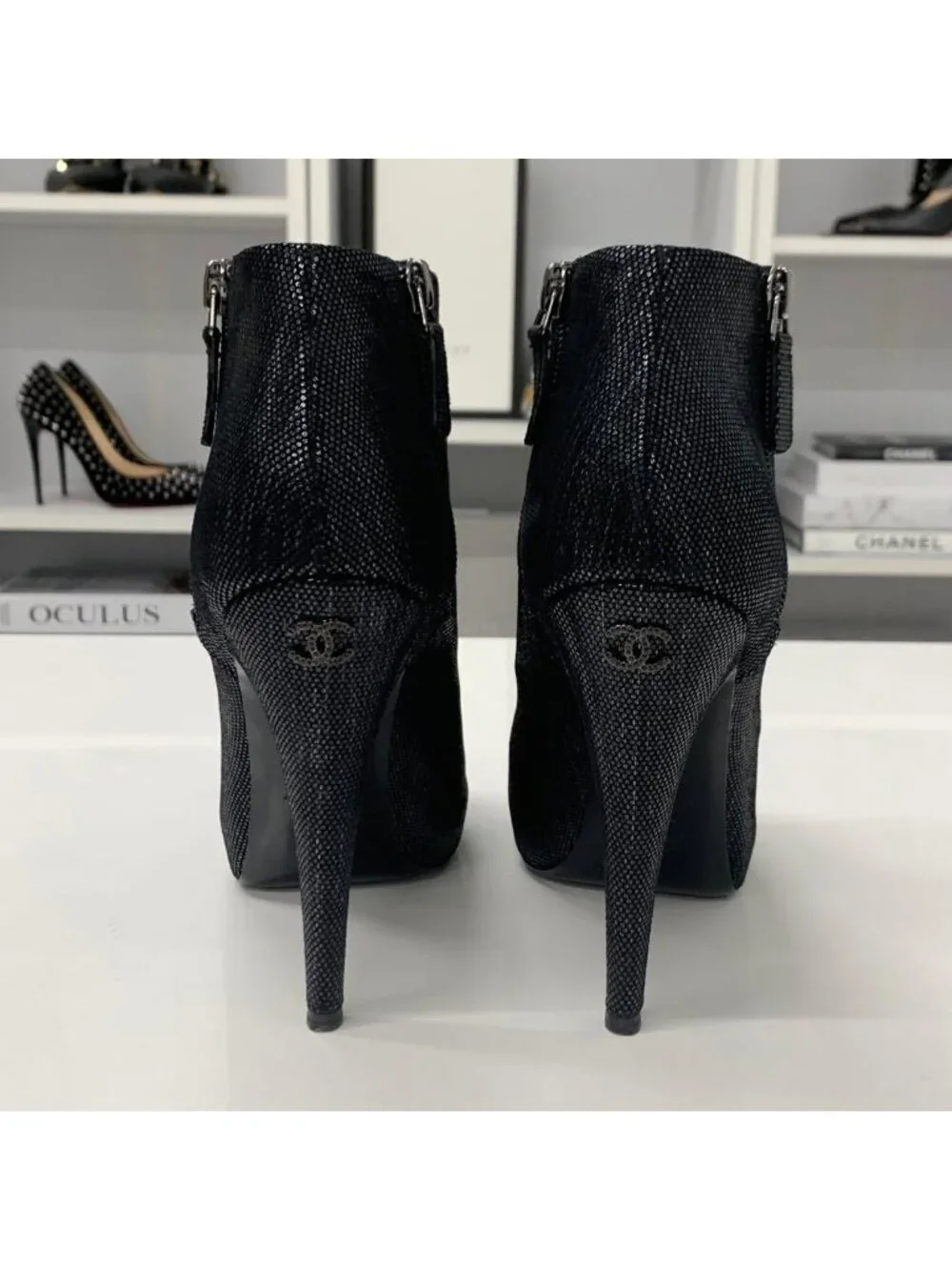 Chanel Cocomark Leather Metallic Short Boots Black